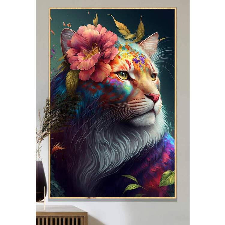 Quadro Decorativo Leoa Com Flores Coloridas