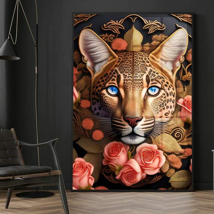 Quadro Decorativo Leopardo Com Flores