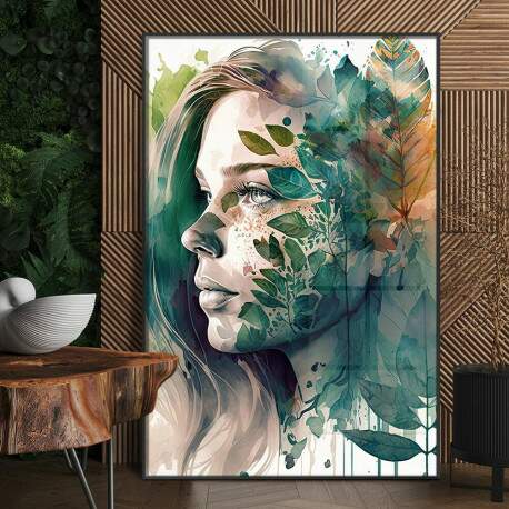 Quadro Decorativo Mulher Abstrato com Folhas