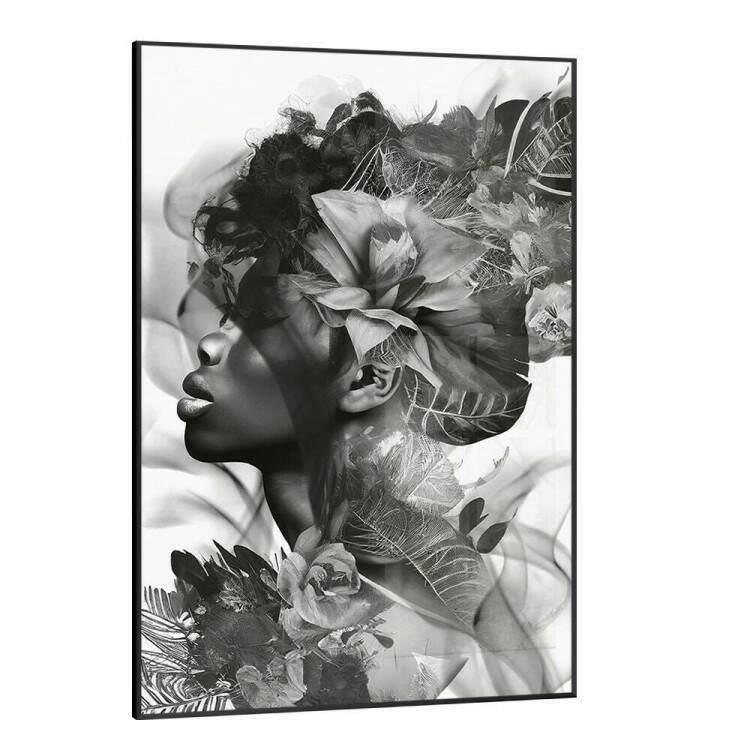 Quadro Decorativo Mulher com Flores Preto e Branco Abstrato