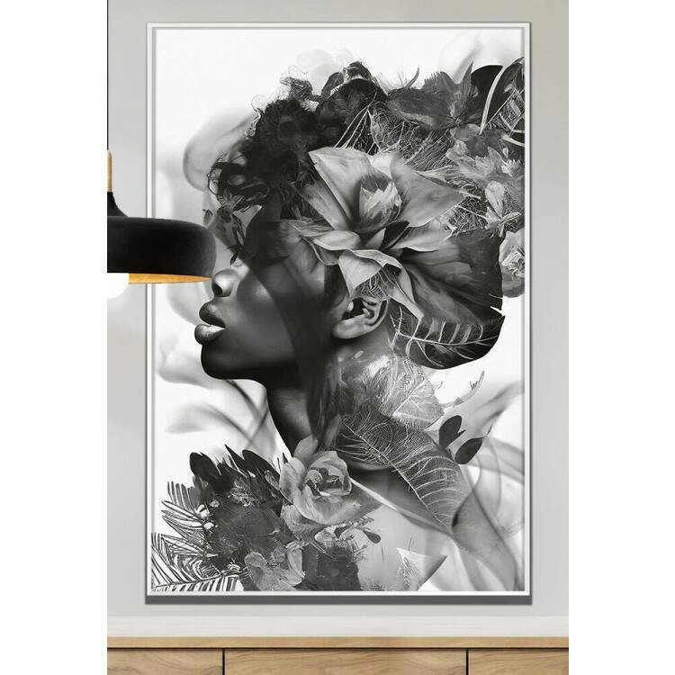 Quadro Decorativo Mulher com Flores Preto e Branco Abstrato