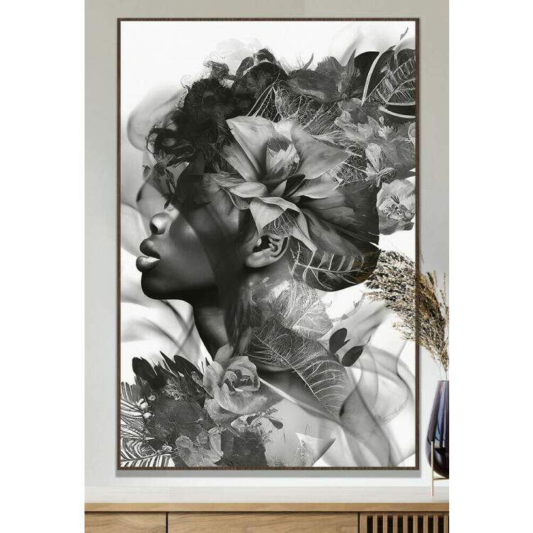 Quadro Decorativo Mulher com Flores Preto e Branco Abstrato