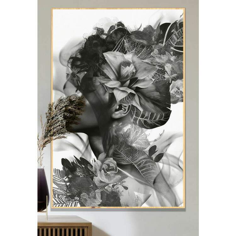 Quadro Decorativo Mulher com Flores Preto e Branco Abstrato