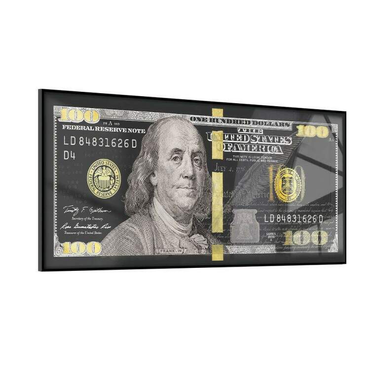 Quadro Decorativo Slim Nota Dolar Preto e Dourado Benjamin Franklin