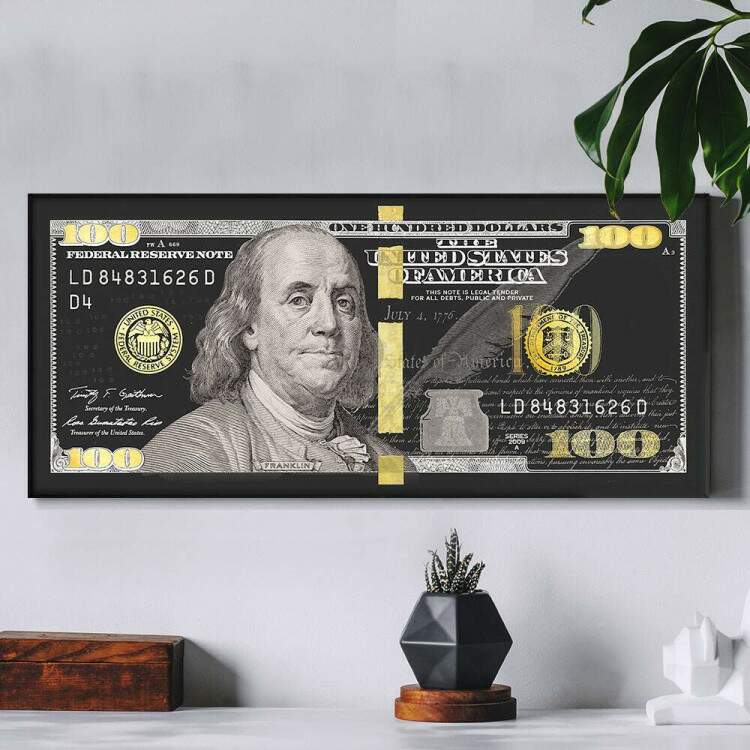 Quadro Decorativo Slim Nota Dolar Preto e Dourado Benjamin Franklin