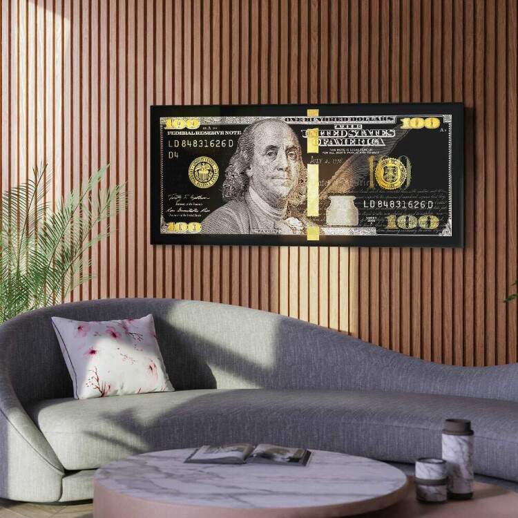 Quadro Decorativo Slim Nota Dolar Preto e Dourado Benjamin Franklin