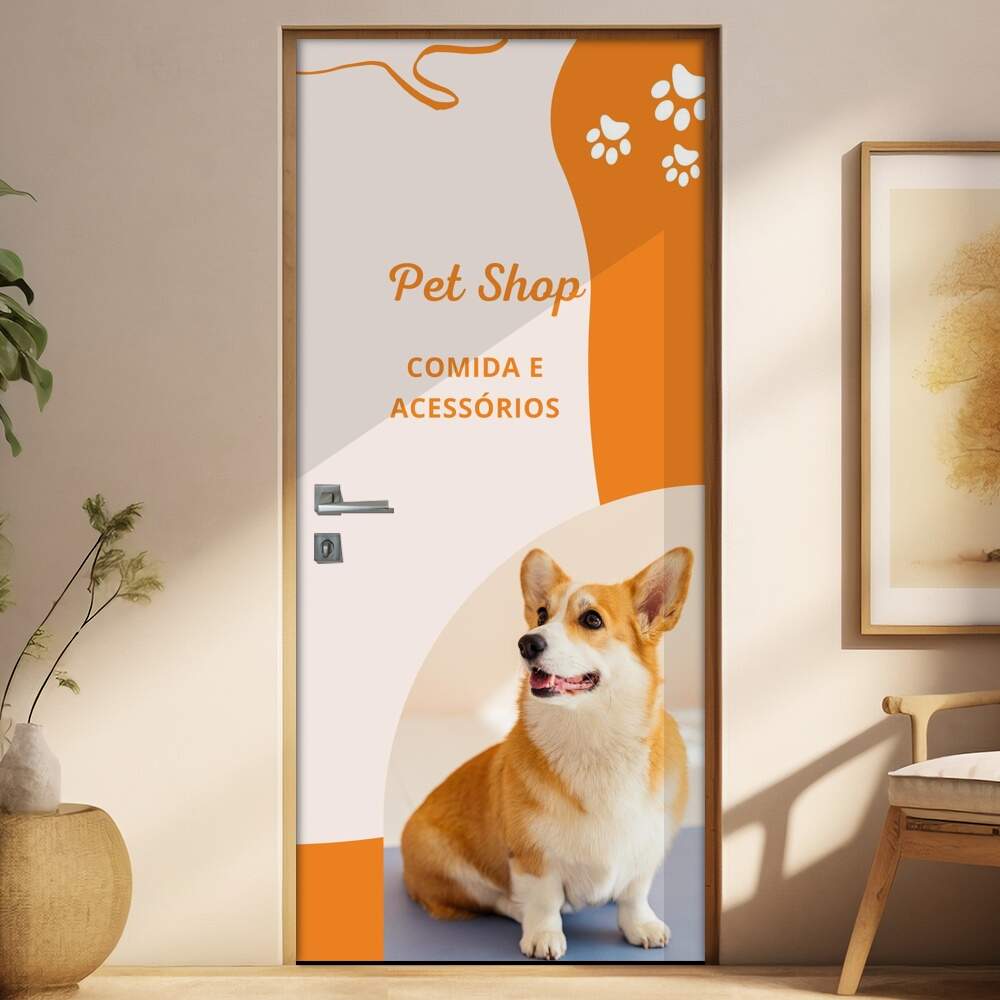 Adesivo Para Porta Petshop Cachorrinho com fundo Laranja