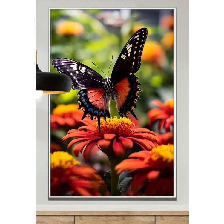 Quadro Decorativo Borboleta sobre a Flor Laranja