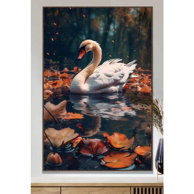 Quadro Decorativo Cisne No Lago e Folhas