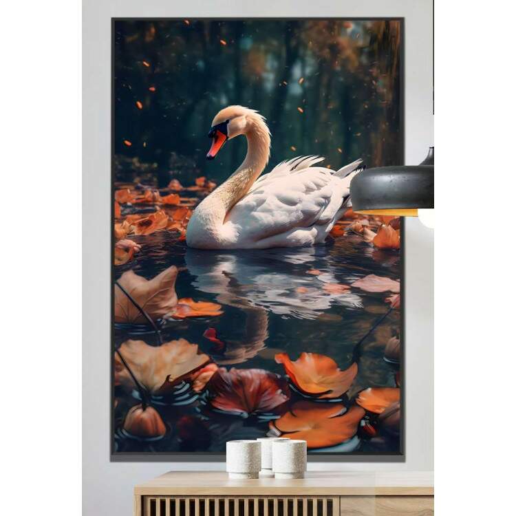 Quadro Decorativo Cisne No Lago e Folhas