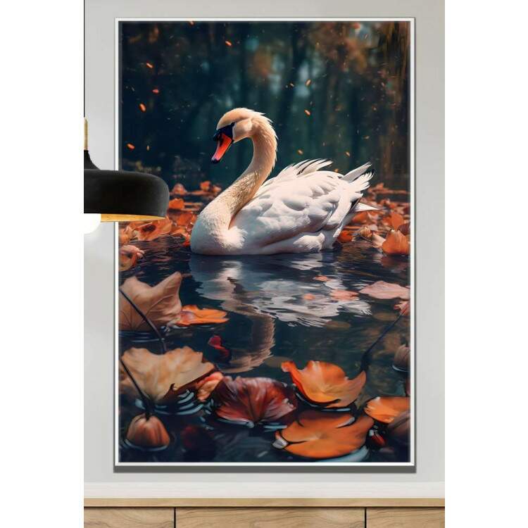 Quadro Decorativo Cisne No Lago e Folhas