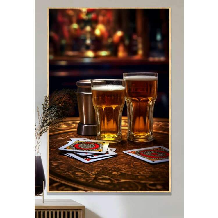 Quadro Decorativo Copos de Cerveja e Cartas de Baralho