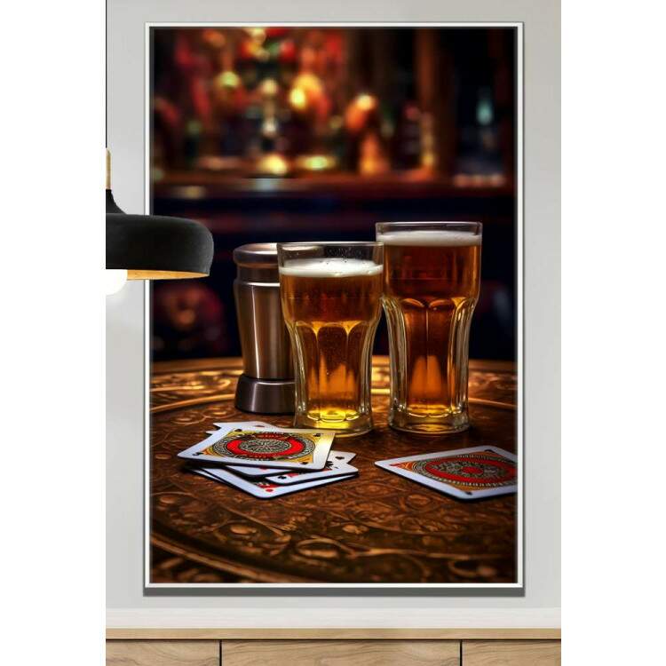 Quadro Decorativo Copos de Cerveja e Cartas de Baralho