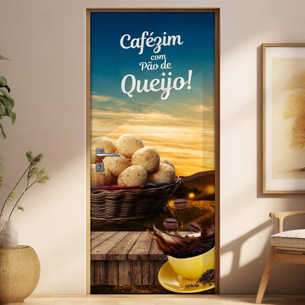 Adesivo de Porta para Padarias Po de Queijo com Caf