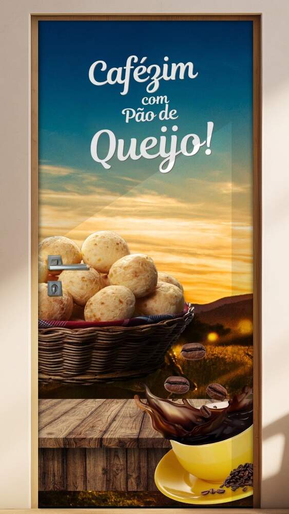 Adesivo de Porta para Padarias P�o de Queijo com Caf�