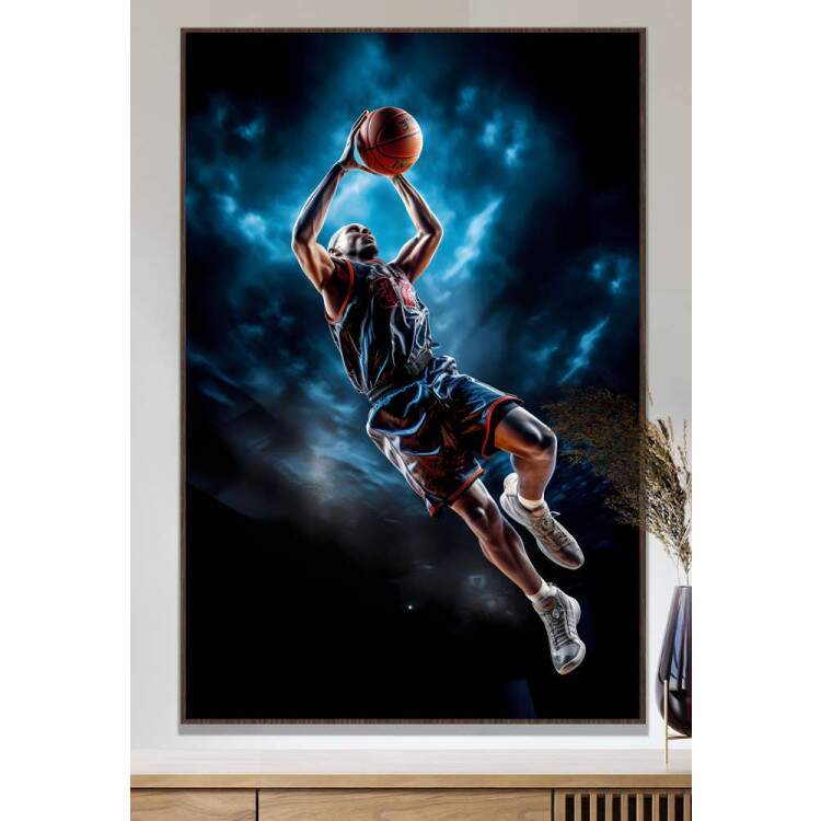 Quadro Decorativo Jogador de Basquete Enterrando Com Fundo Azul