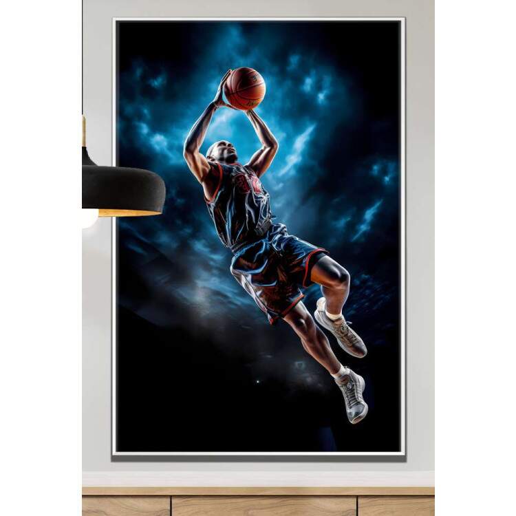 Quadro Decorativo Jogador de Basquete Enterrando Com Fundo Azul