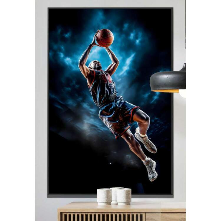 Quadro Decorativo Jogador de Basquete Enterrando Com Fundo Azul