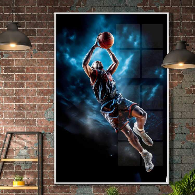 Quadro Decorativo Jogador de Basquete Enterrando Com Fundo Azul