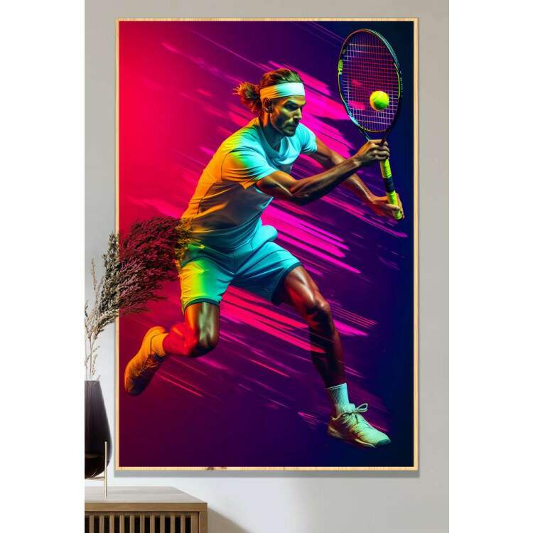 Quadro decorativo Jogador de Tnis com Efeito Neon ao Fundo Arremessando Bola