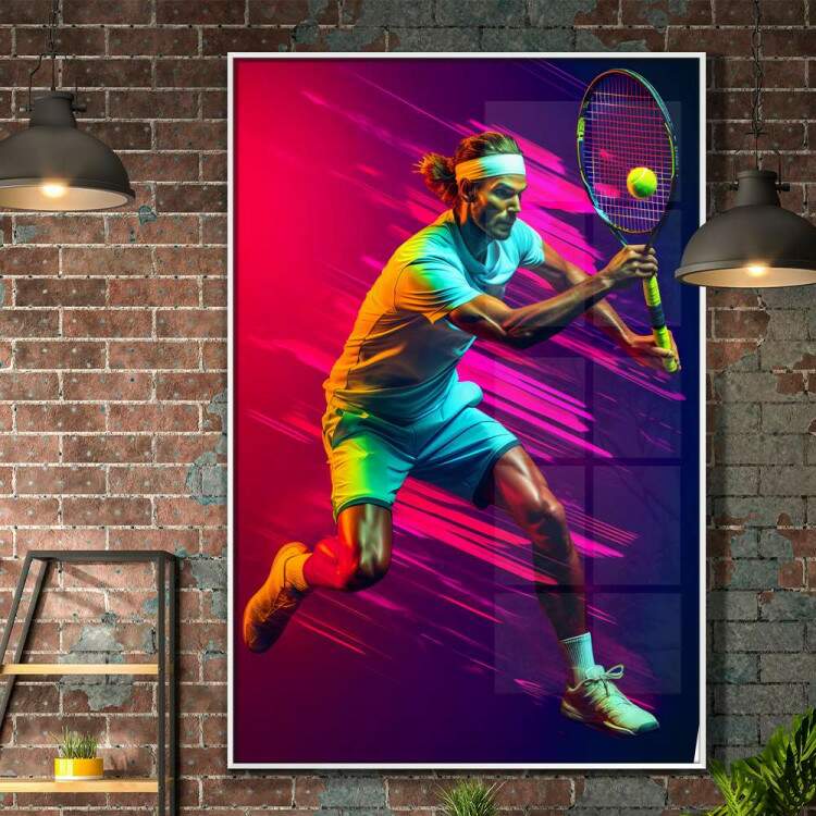 Quadro decorativo Jogador de Tnis com Efeito Neon ao Fundo Arremessando Bola
