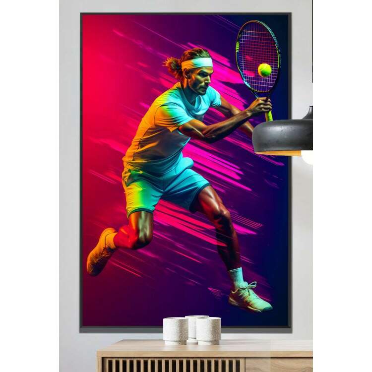 Quadro decorativo Jogador de Tnis com Efeito Neon ao Fundo Arremessando Bola