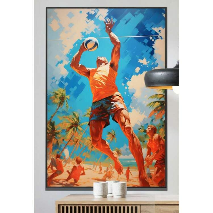 Quadro Decorativo Jogador de Volei na Praia com Efeito de Pintura