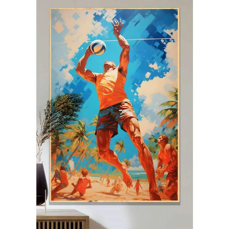 Quadro Decorativo Jogador de Volei na Praia com Efeito de Pintura