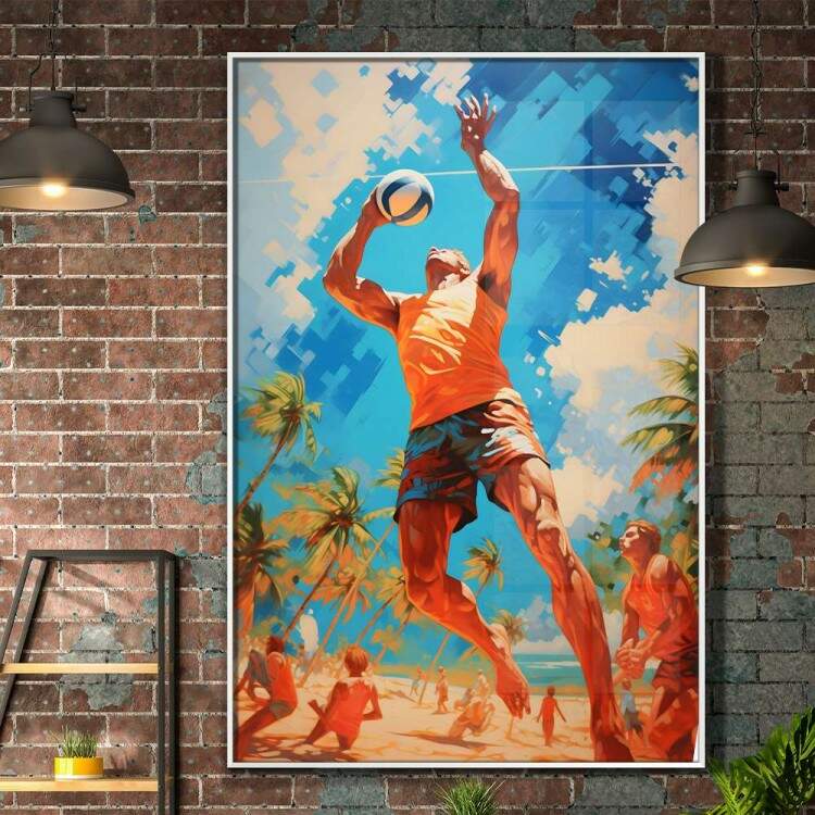 Quadro Decorativo Jogador de Volei na Praia com Efeito de Pintura