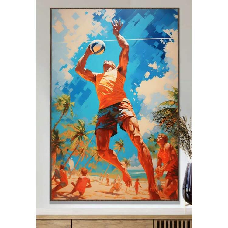 Quadro Decorativo Jogador de Volei na Praia com Efeito de Pintura