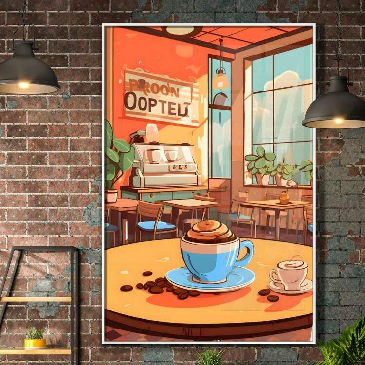 Quadro Decorativo Lanchonete de Caf com Xcara em cima da Mesa