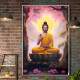 Quadro Decorativo Buda em Paisagem com Flores Rosas e Flor de Lotus