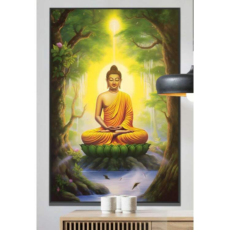 Quadro Decorativo Buda em Paisagem com rvores e Flor de Lotus