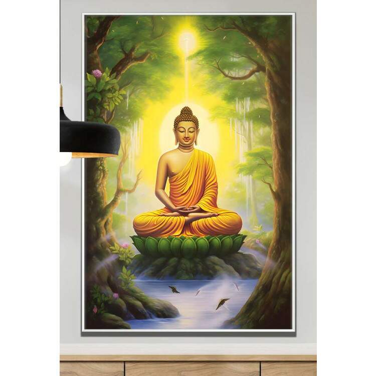 Quadro Decorativo Buda em Paisagem com rvores e Flor de Lotus