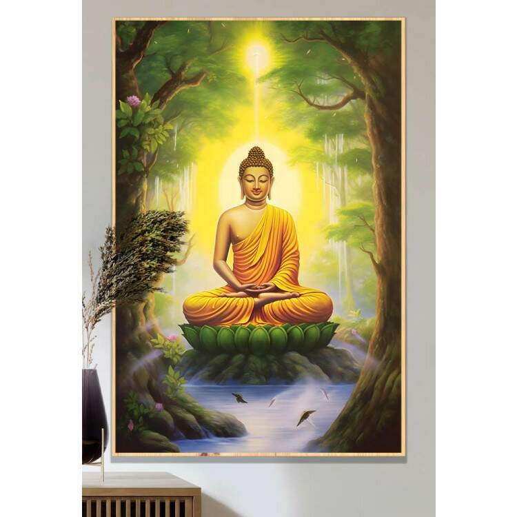 Quadro Decorativo Buda em Paisagem com rvores e Flor de Lotus