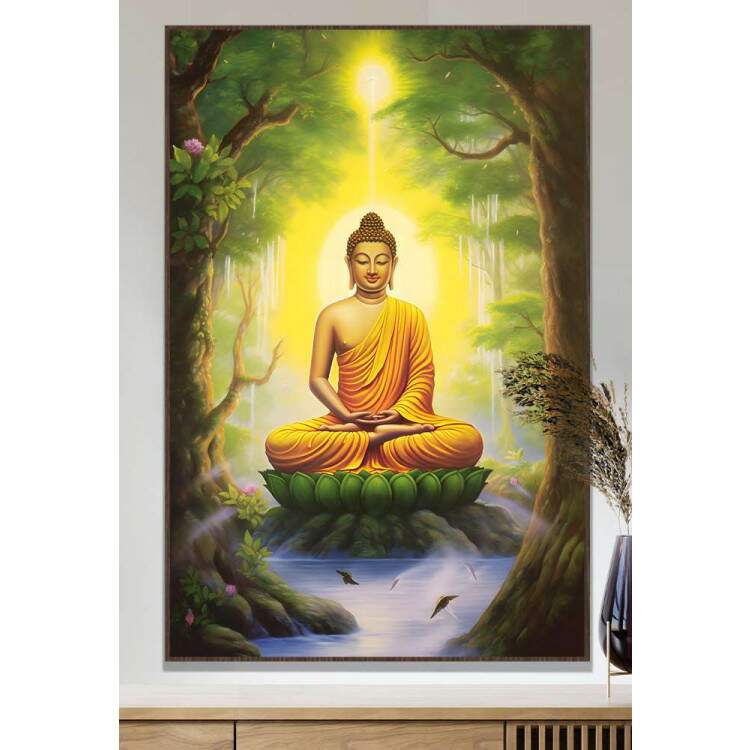 Quadro Decorativo Buda em Paisagem com rvores e Flor de Lotus