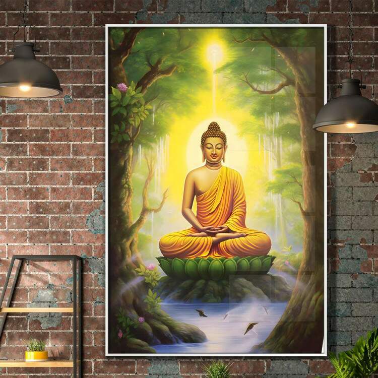 Quadro Decorativo Buda em Paisagem com rvores e Flor de Lotus