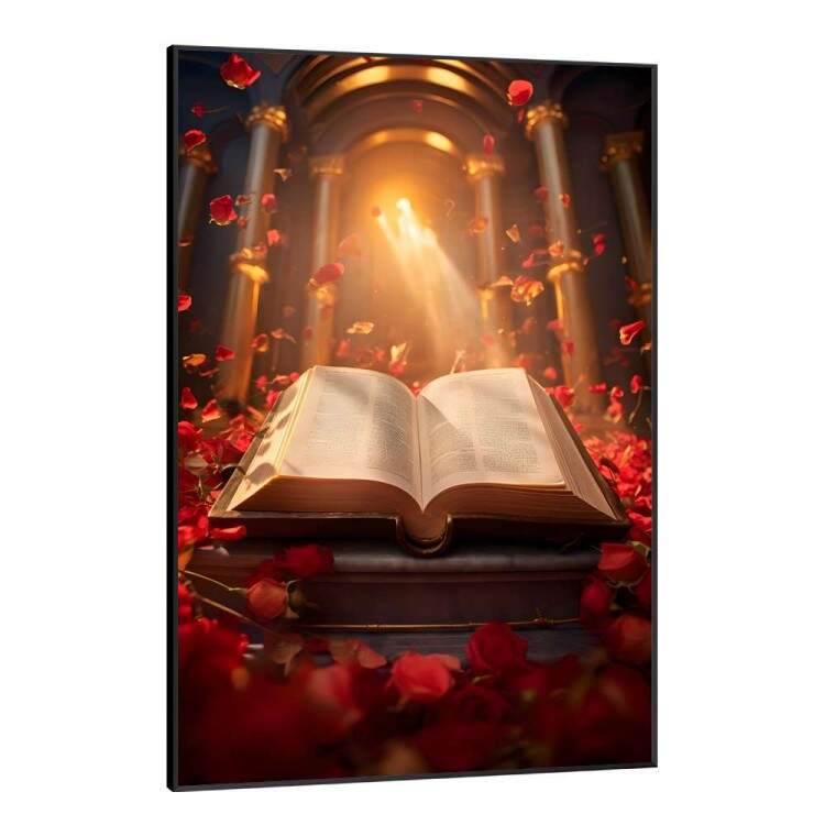 Quadro Decorativo Bblia com Flores Sendo Iluminada em Templo