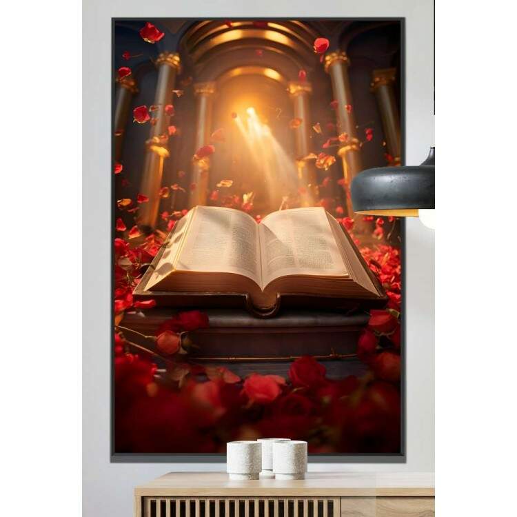 Quadro Decorativo Bblia com Flores Sendo Iluminada em Templo