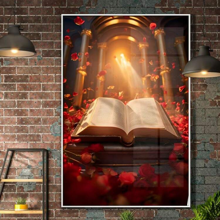 Quadro Decorativo Bblia com Flores Sendo Iluminada em Templo