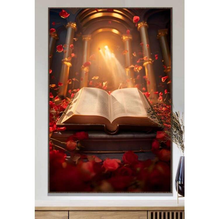 Quadro Decorativo Bblia com Flores Sendo Iluminada em Templo