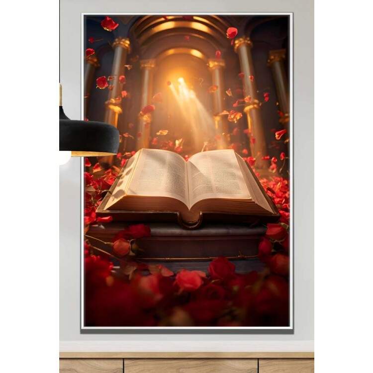 Quadro Decorativo Bblia com Flores Sendo Iluminada em Templo