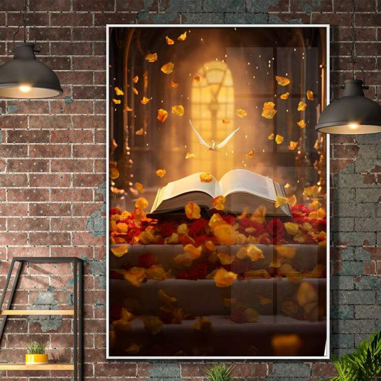 Quadro Decorativo Bblia com Pomba Branca e Ptalas