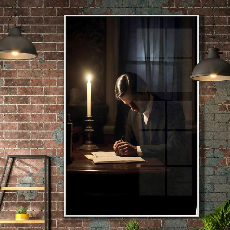 Quadro Decorativo Chico Xavier Escrevendo Sobre Iluminao de Vela