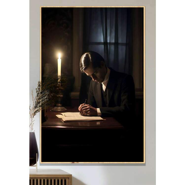 Quadro Decorativo Chico Xavier Escrevendo Sobre Iluminao de Vela