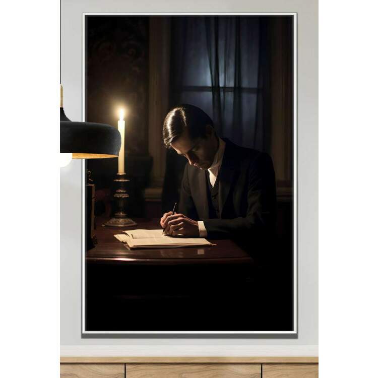 Quadro Decorativo Chico Xavier Escrevendo Sobre Iluminao de Vela