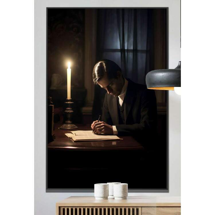 Quadro Decorativo Chico Xavier Escrevendo Sobre Iluminao de Vela