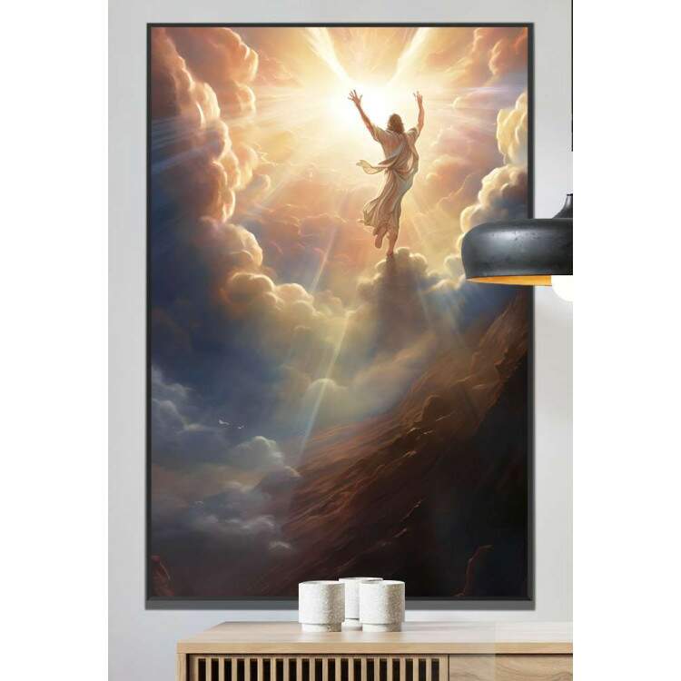 Quadro Decorativo Jesus Cristo em Cu Iluminado Cheio de Nuvens