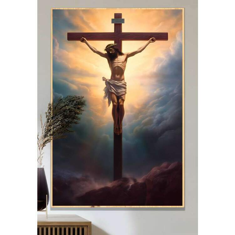 Quadro Decorativo Jesus Cristo na Cruz com Nuvens de Fundo