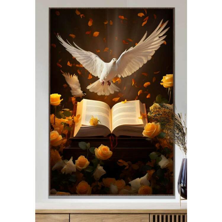 Quadro Decorativo Pomba Branca com Bblia e Rosas